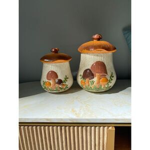 1970s Vintage Ceramic Arnels's Merry Mushrooms Cookie Jar Set Retro Woodland